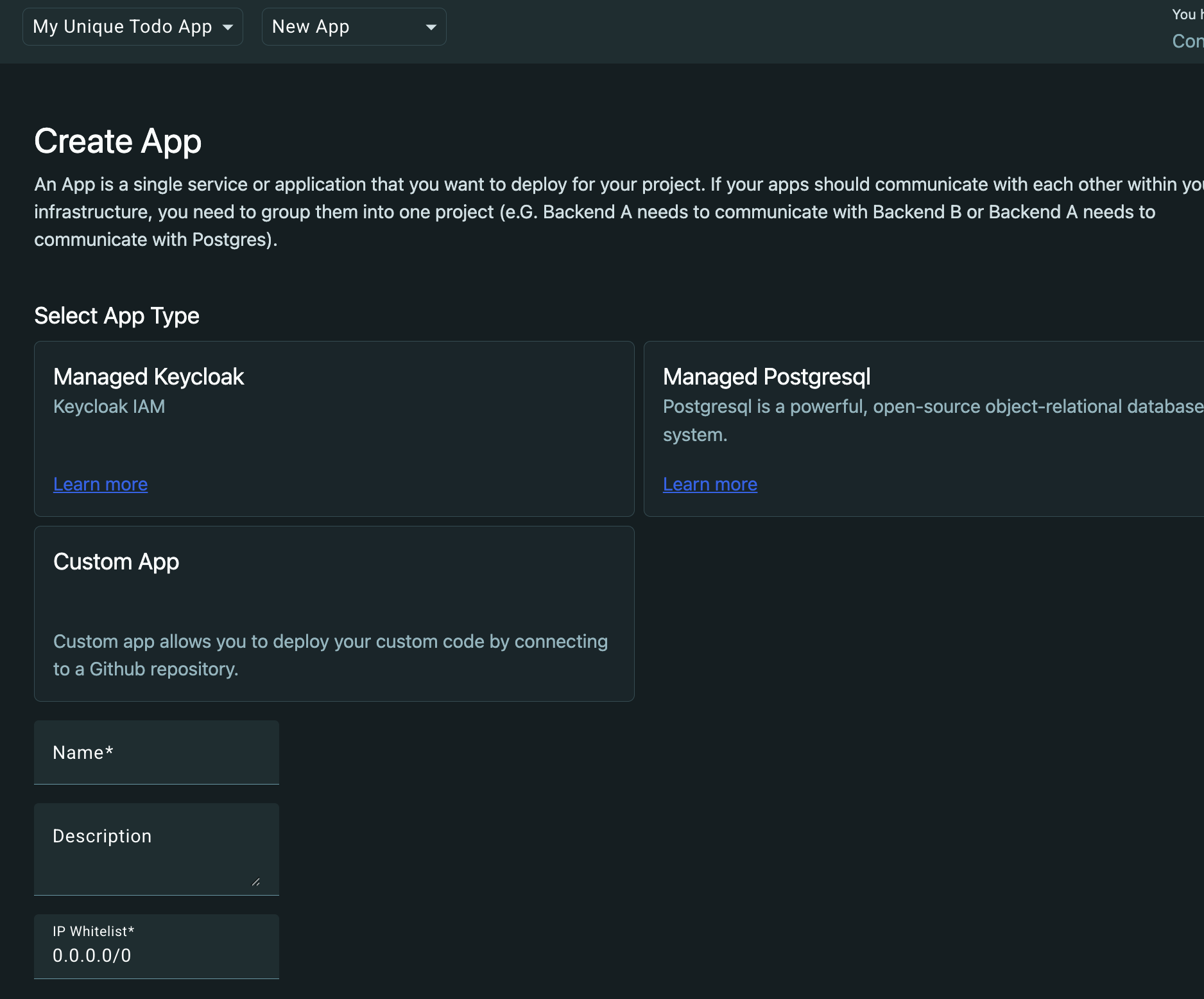 Select application type