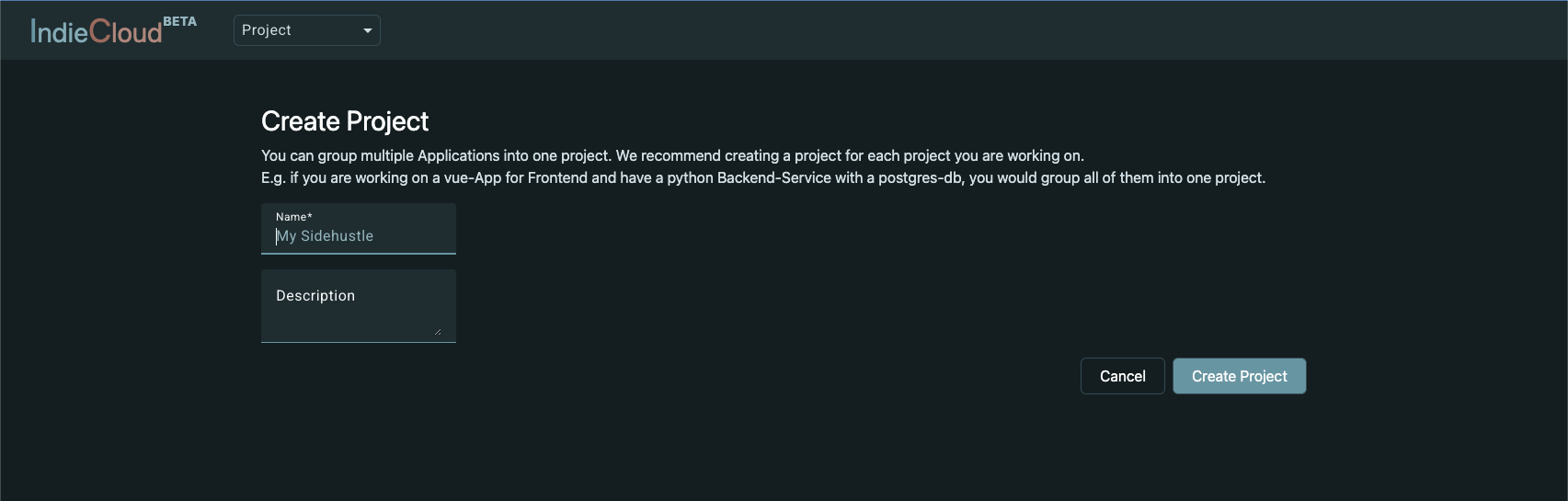 Create a new project form